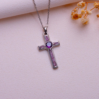 Dainty Amethyst Cross Necklace: Sterling Silver, Birthstone Charm