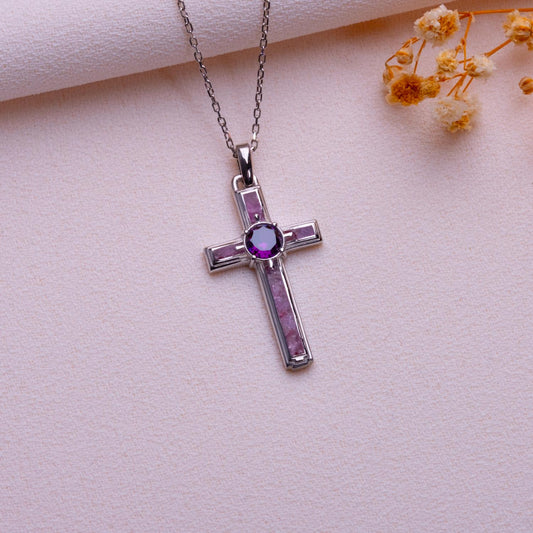 Dainty Amethyst Cross Necklace: Sterling Silver, Birthstone Charm