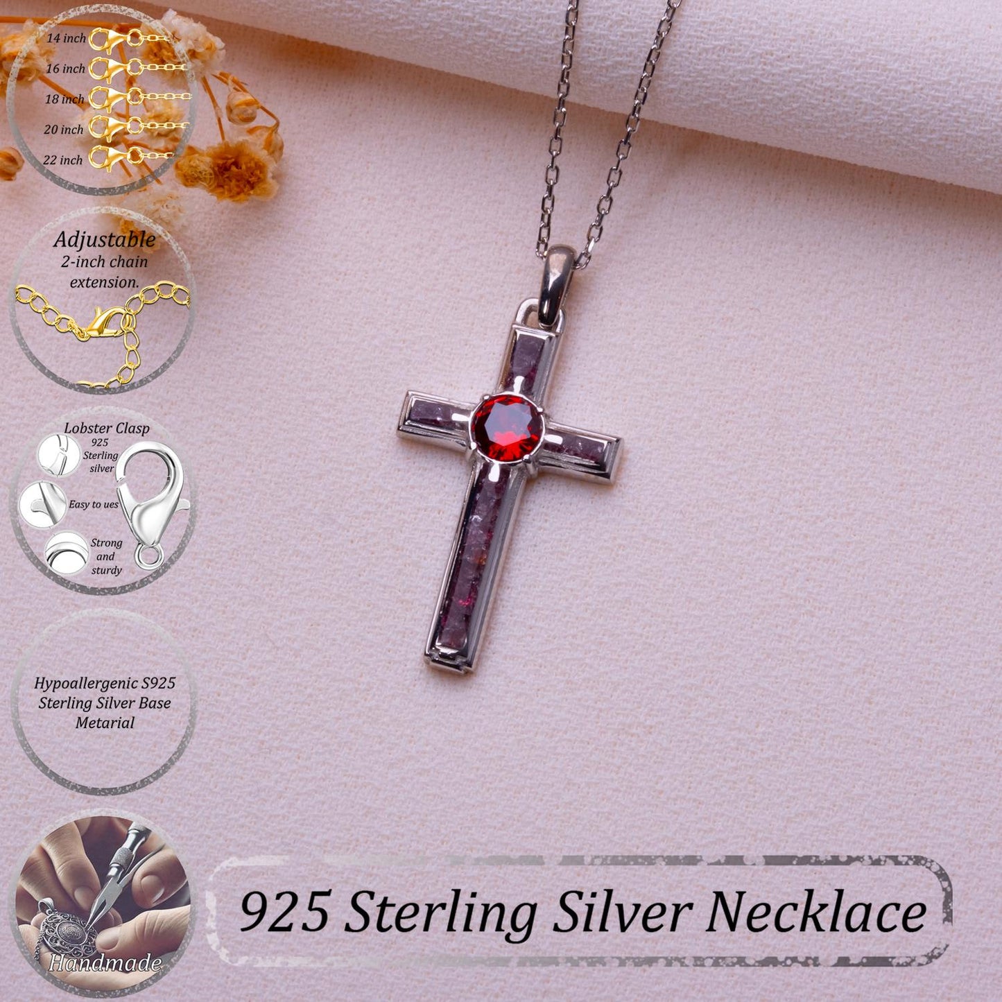 Garnet Birthstone Cross Necklace: Sterling Silver, Gold Plated