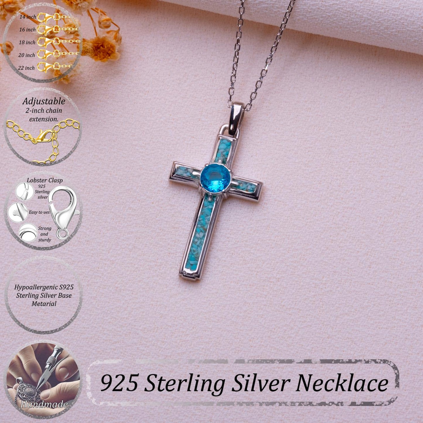 Turquoise Cross Necklace: Sterling Silver Faith Pendant with Birthstone