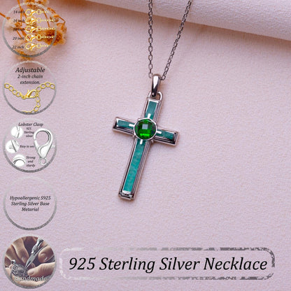 Sterling Silver Aventurine Cross Necklace: Birthstone Pendant, 14K Gold Plated
