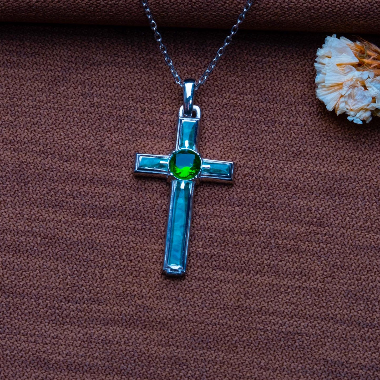 Malachite Cross Necklace: Sterling Silver, Birthstone Pendant