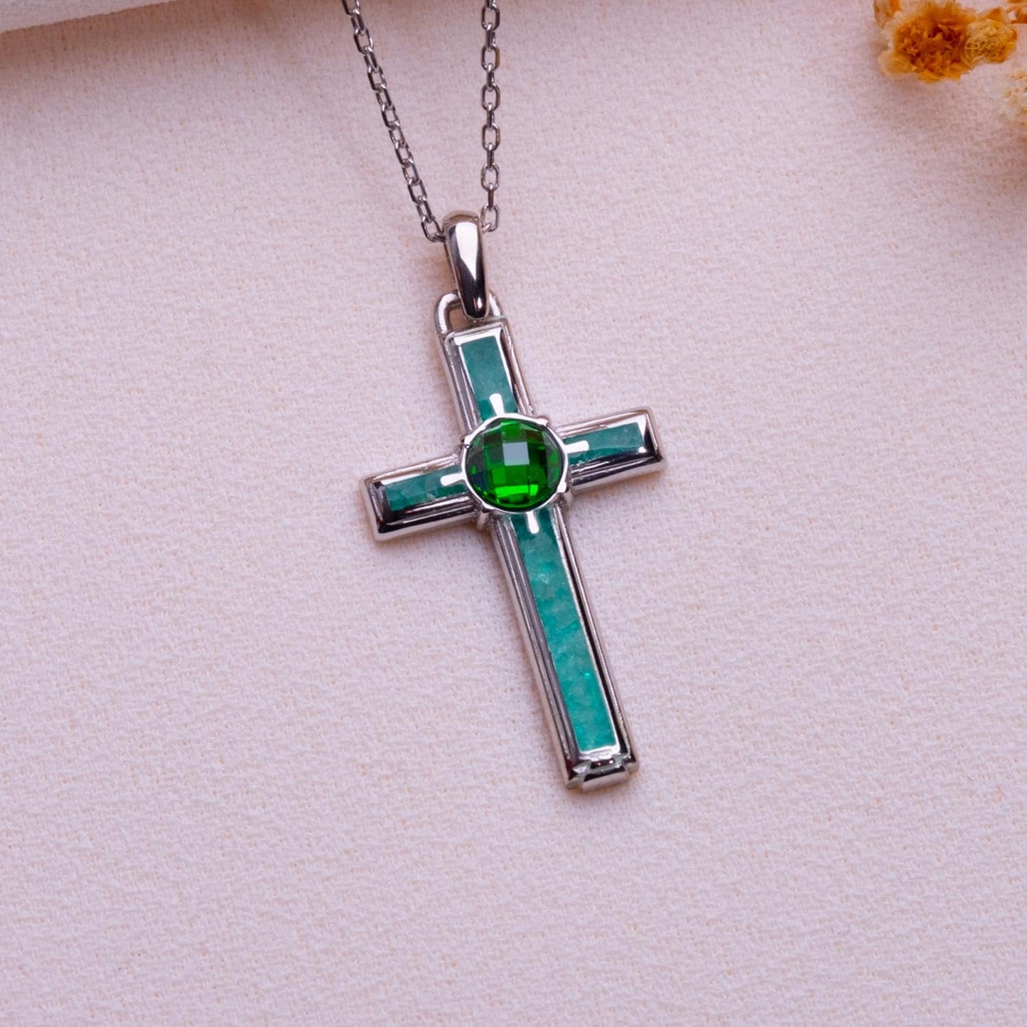 Sterling Silver Aventurine Cross Necklace: Birthstone Pendant, 14K Gold Plated