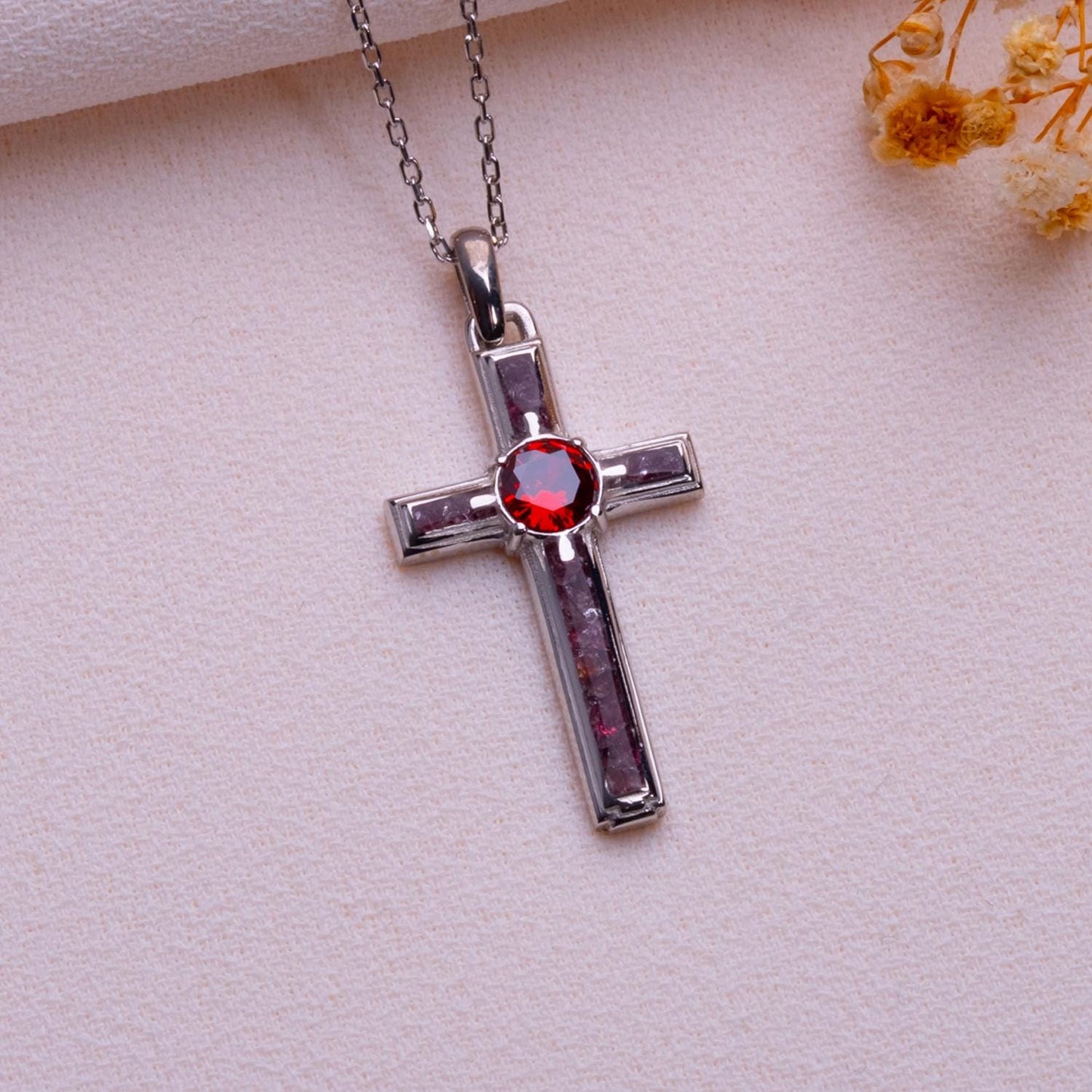 Garnet Birthstone Cross Necklace: Sterling Silver, Gold Plated