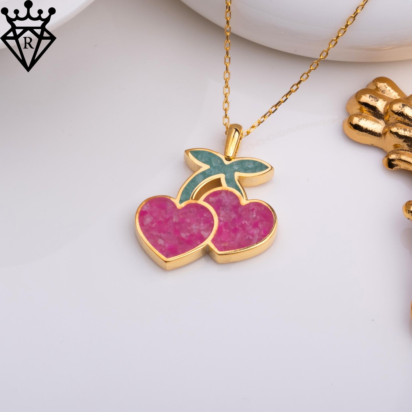 Pink Agate Cherry Necklace: 14K Gold Plated Sterling Silver Fruit Pendant