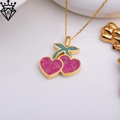 Pink Agate Cherry Necklace: 14K Gold Plated Sterling Silver Fruit Pendant