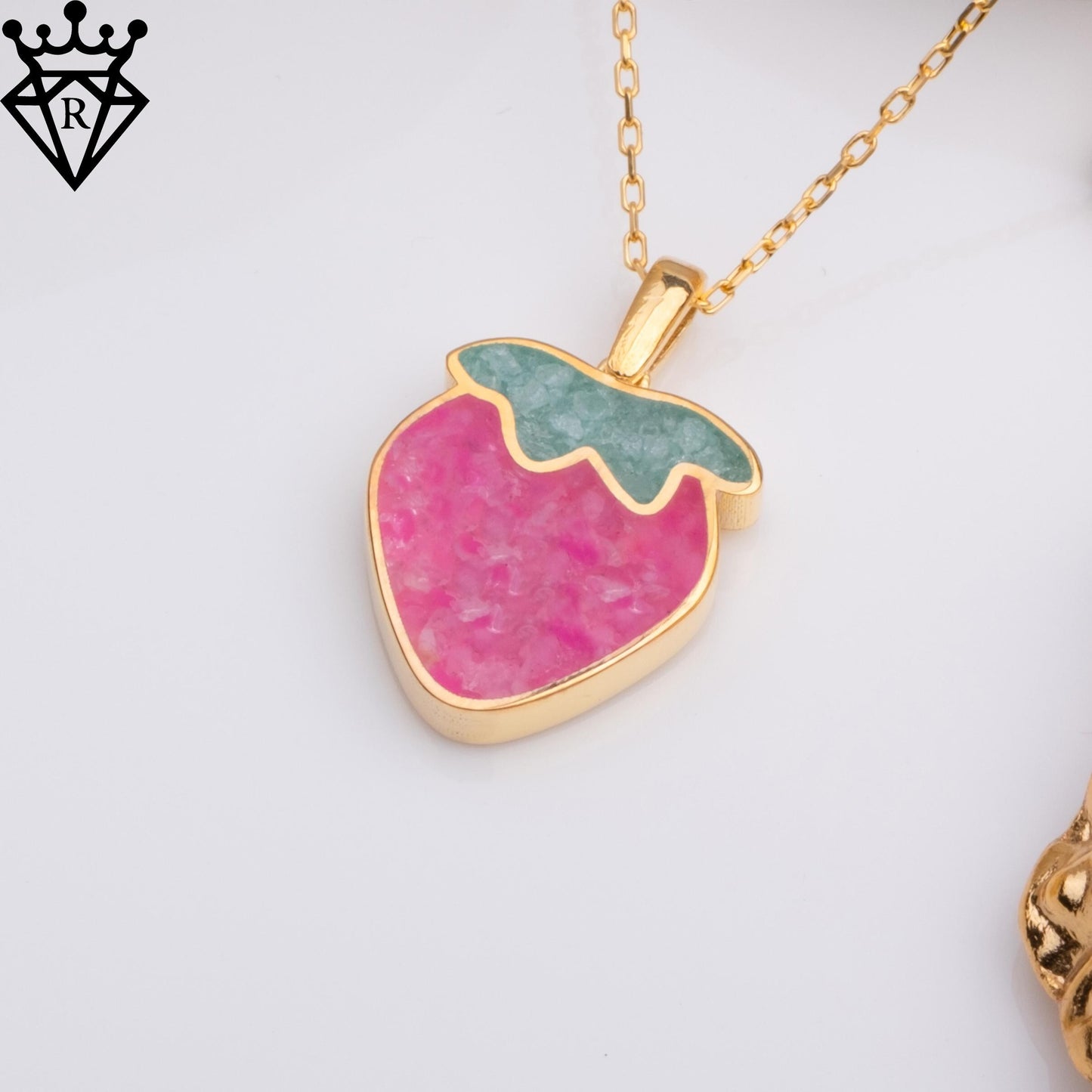 Pink Agate Strawberry Necklace: 14K Gold Plated Silver Aventurine Leaf Pendant