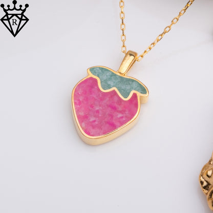 Pink Agate Strawberry Necklace: 14K Gold Plated Silver Aventurine Leaf Pendant