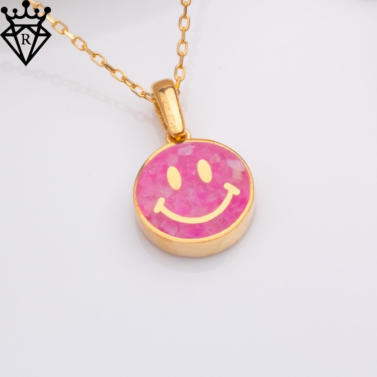 Pink Agate Smiley Face Necklace: 14K Gold Plated Sterling Silver