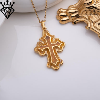 Amber Cross Necklace: Sterling Silver Christian Pendant, 14K Gold Plated