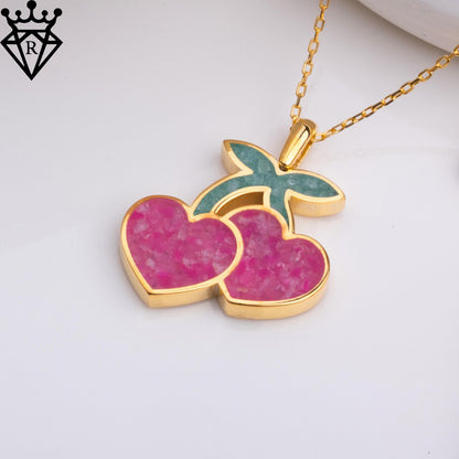 Pink Agate Cherry Necklace: 14K Gold Plated Sterling Silver Fruit Pendant
