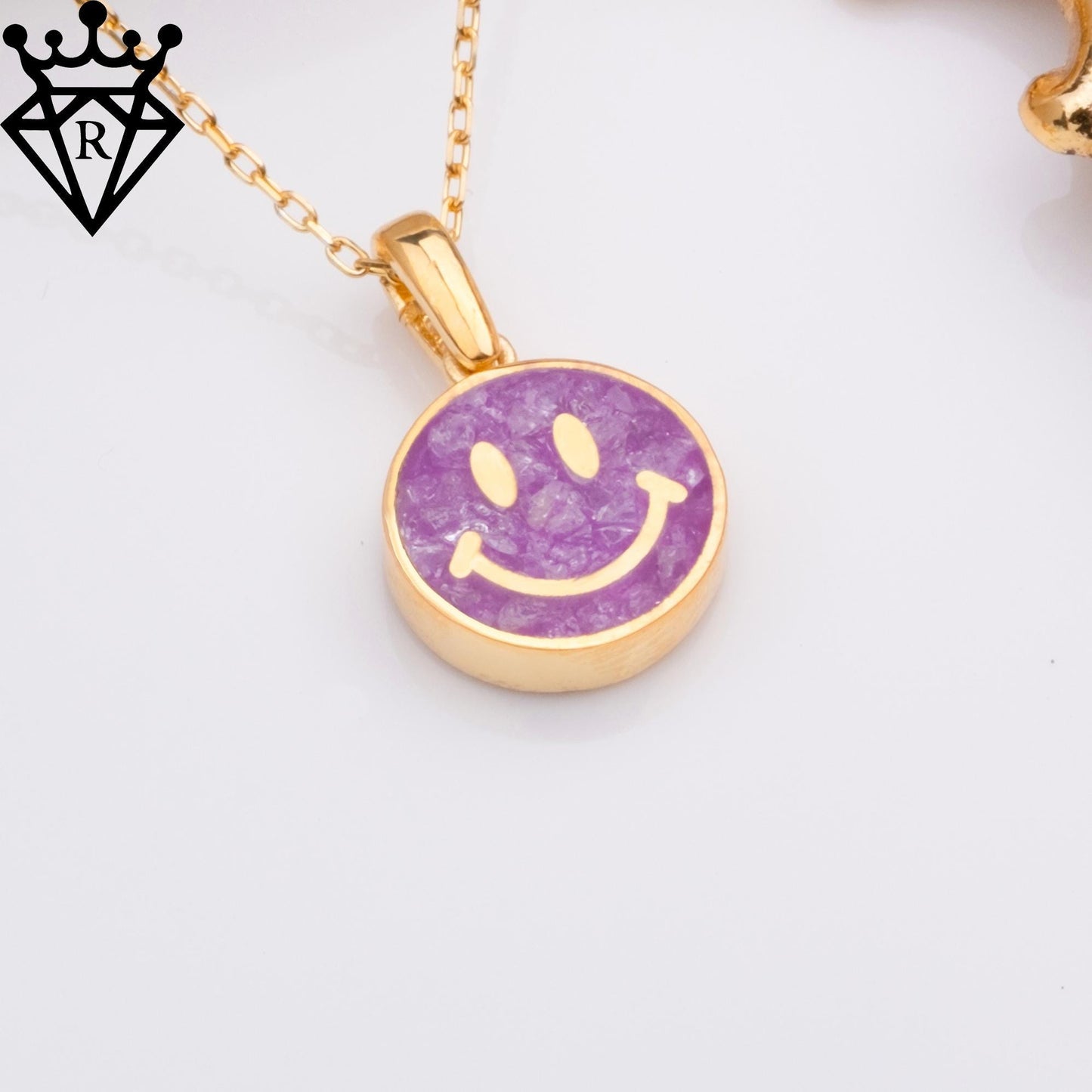 Amethyst Smiley Face Necklace: 14K Gold Plated Sterling Silver Pendant