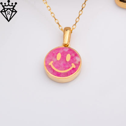 Pink Agate Smiley Face Necklace: 14K Gold Plated Sterling Silver