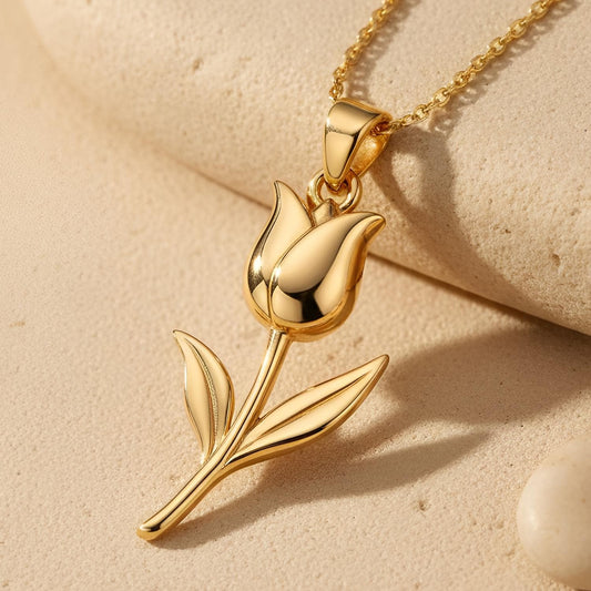 Front view of Tulip Flower Necklace | 925 Sterling Silver Pendant | Botanical Spring Design | Birthday and Mother Gift in 925 sterling silver