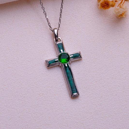 Malachite Cross Necklace: Sterling Silver, Birthstone Pendant