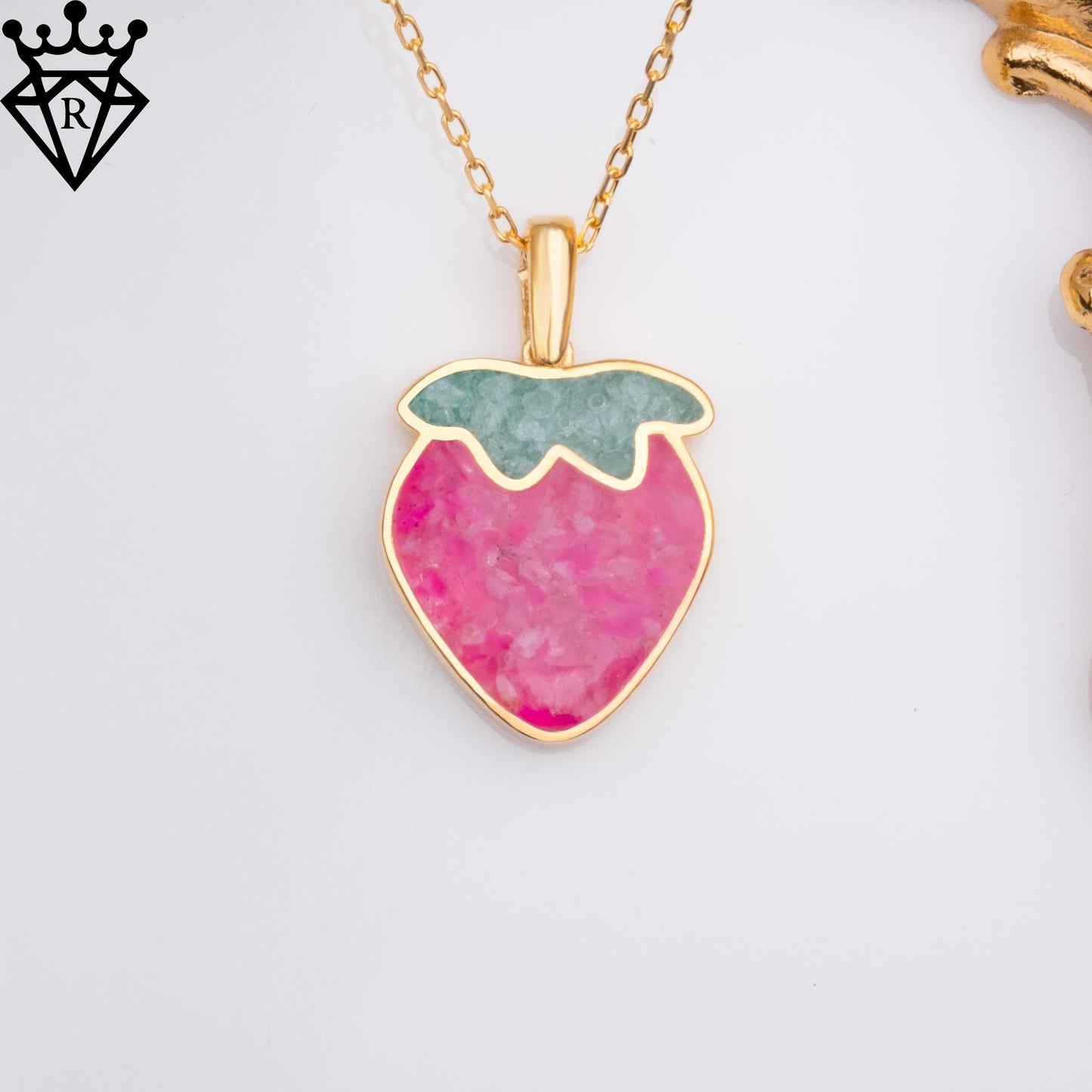 Pink Agate Strawberry Necklace: 14K Gold Plated Silver Aventurine Leaf Pendant
