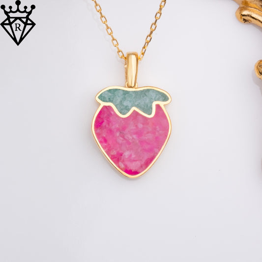 Pink Agate Strawberry Necklace: 14K Gold Plated Silver Aventurine Leaf Pendant