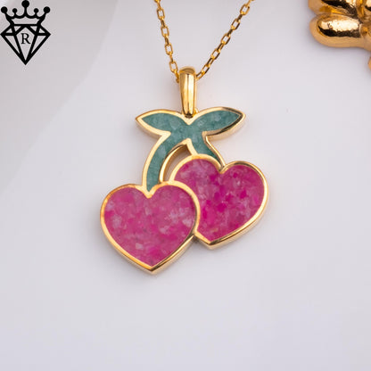 Pink Agate Cherry Necklace: 14K Gold Plated Sterling Silver Fruit Pendant