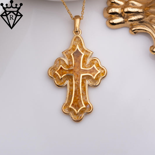 Amber Cross Necklace: Sterling Silver Christian Pendant, 14K Gold Plated