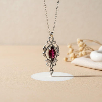 Elven Spirit Necklace | 925 Sterling Silver Jewelry | Garnet Gem Fantasy Design | Symbolic Gift for Her