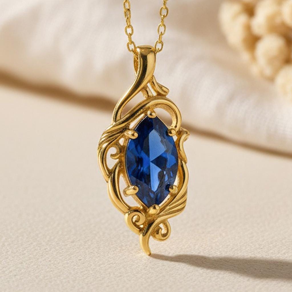 Elven Sapphire Necklace | 14K Gold Plated Silver Jewelry | Blue Gem Fantasy Design | Royal Gift for Her