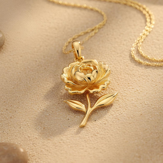 Peony Flower Necklace | 18K Gold Plated Silver Jewelry | Handmade Botanical Pendant | Elegant Gift for Women