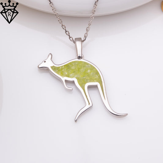Front view of Peridot Kangaroo Necklace: Sterling Silver Gold-Plated Animal Pendant in 925 sterling silver