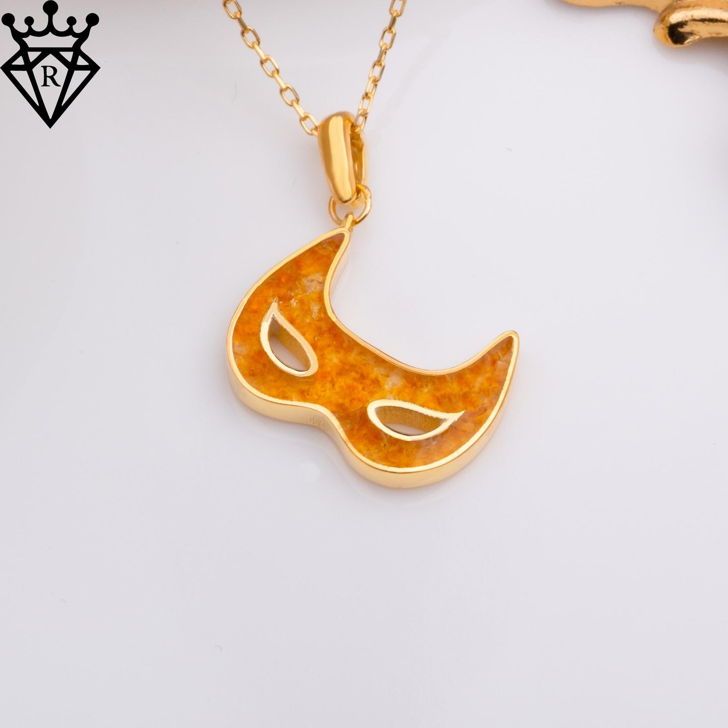Amber Mask Necklace: 14K Gold Plated Sterling Silver Venetian Pendant