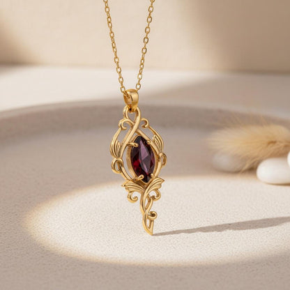 Elven Spirit Necklace | 925 Sterling Silver Jewelry | Garnet Gem Fantasy Design | Symbolic Gift for Her