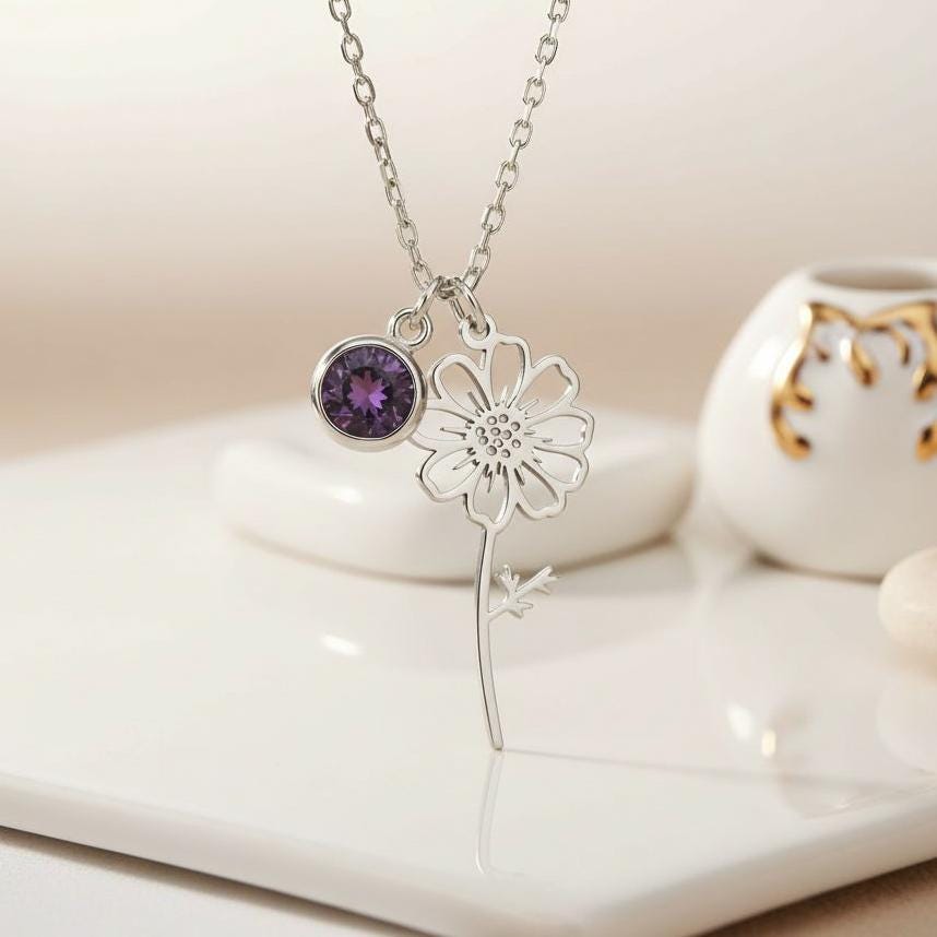 Cosmos Birth Flower Necklace | 925 Sterling Silver Jewelry | Botanical Birth Flower Style | October Birth Month Gift