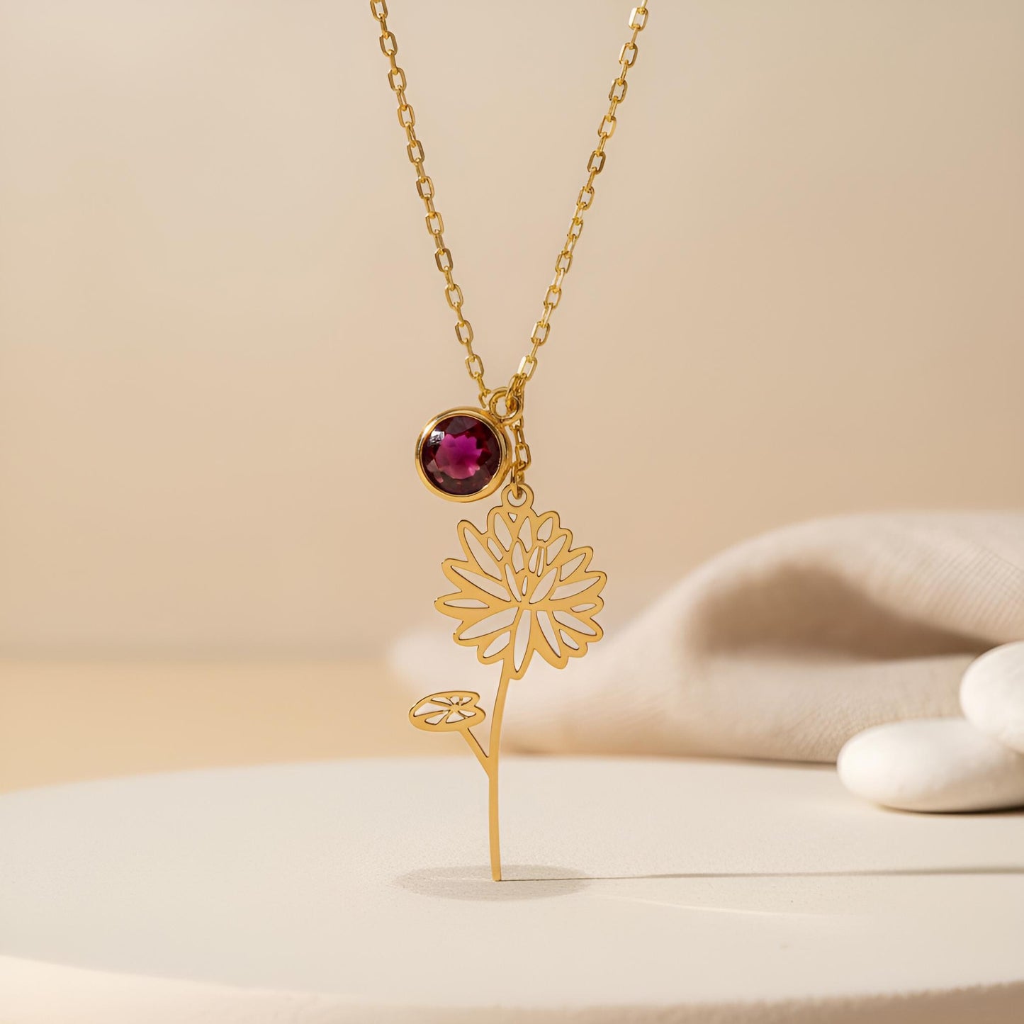 July Birth Flower & Birthstone Necklace | 925 Sterling Silver for Women | Water Lily Ruby Botanical Jewelry | July Birthday Gift for Her