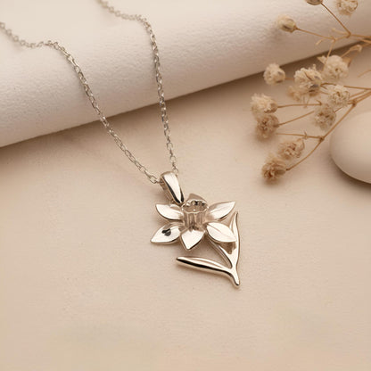 Daffodil Narcissus Flower Necklace | 925 Sterling Silver for Women | Botanical Spring Floral Jewelry | March Birth Flower Gift