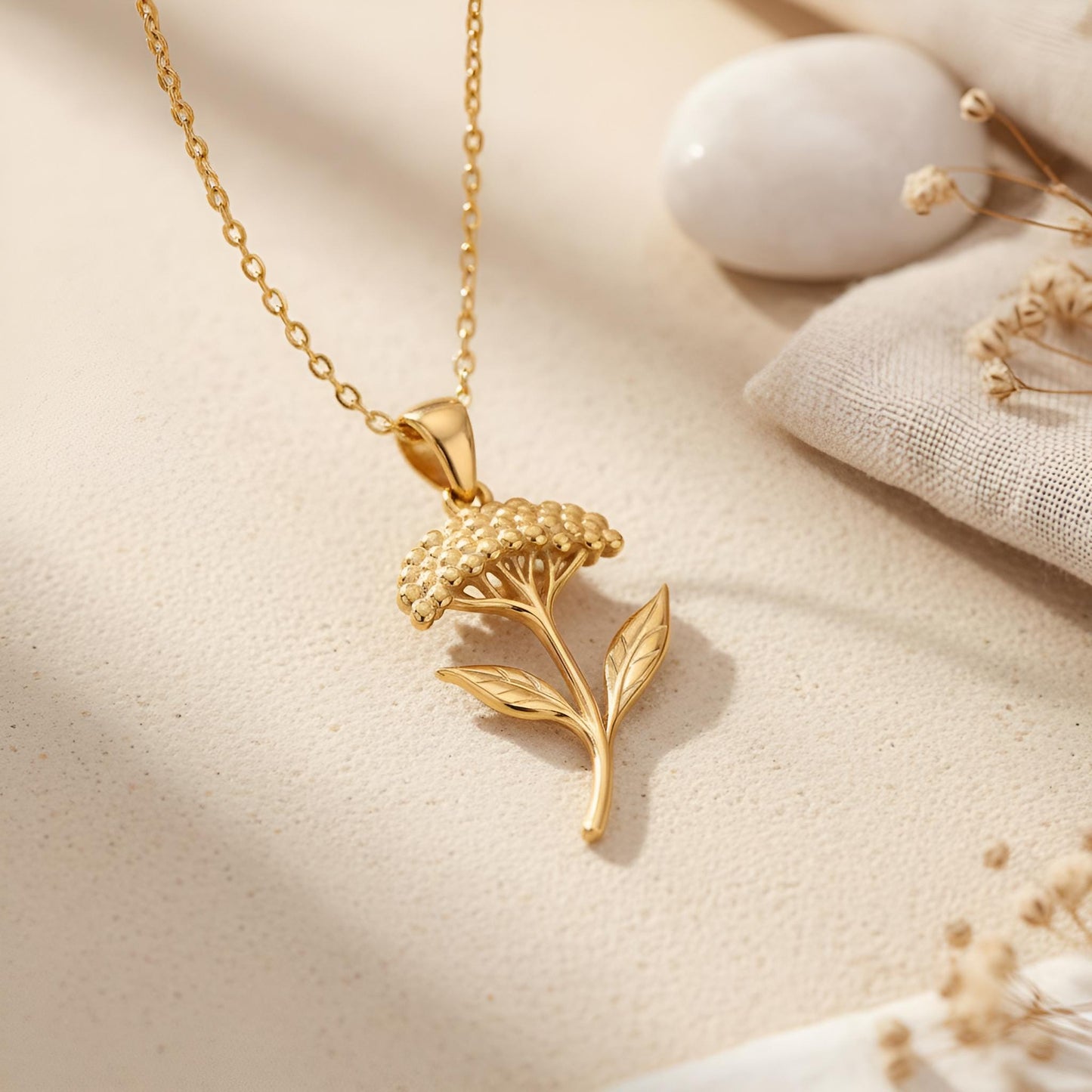 Yarrow Flower Pendant Necklace | 925 Sterling Silver Women Jewelry | Healing Floral Birth Flower | Meaningful Gift for Her