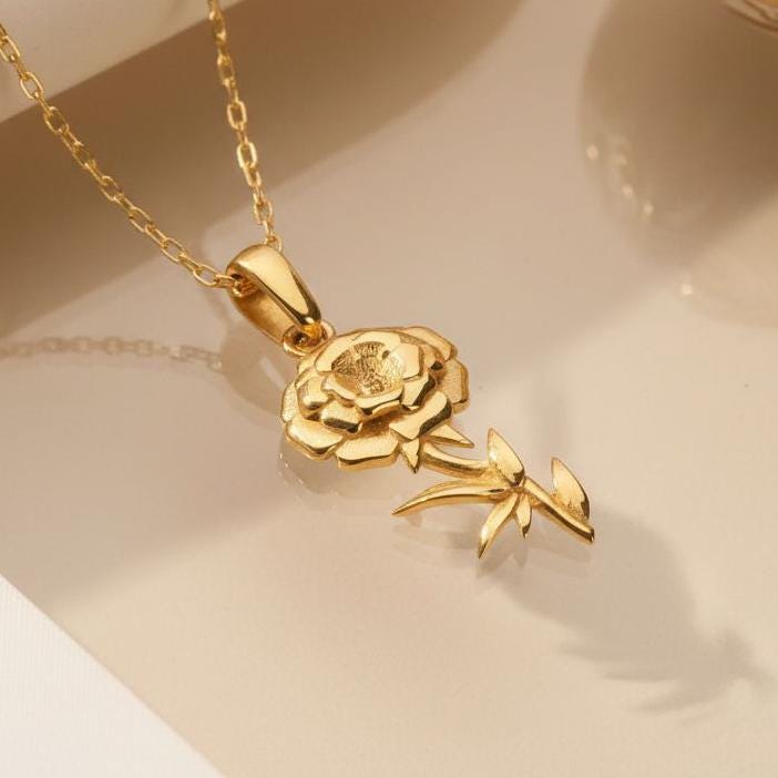 Marigold Flower Necklace | 925 Sterling Silver Women | Botanical Birth Flower Style | October Birthday Gift