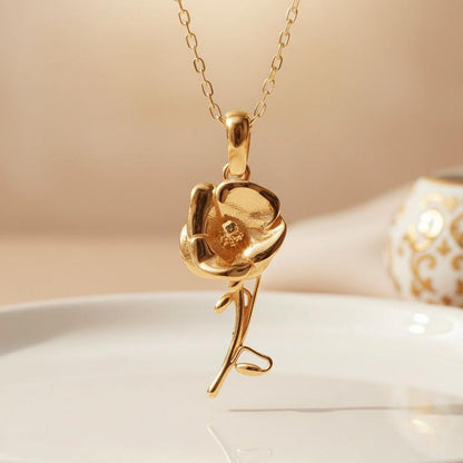 Poppy Flower Necklace | 925 Sterling Silver Women | Botanical Birth Flower Style | August Birthday Gift