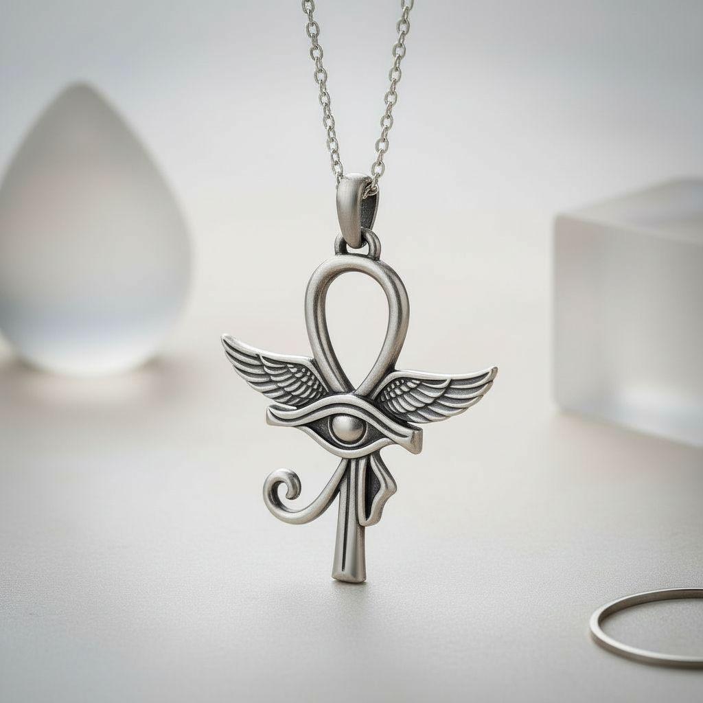 Winged Ankh Eye of Horus Necklace | 925 Sterling Silver Unisex Jewelry | Ancient Egyptian Protection Symbol | Meaningful Spiritual Gift