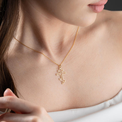 Gold Orthodox Cross Necklace | 925 Sterling Silver | Sideways Minimalist Christian Style | Meaningful Faith Gift