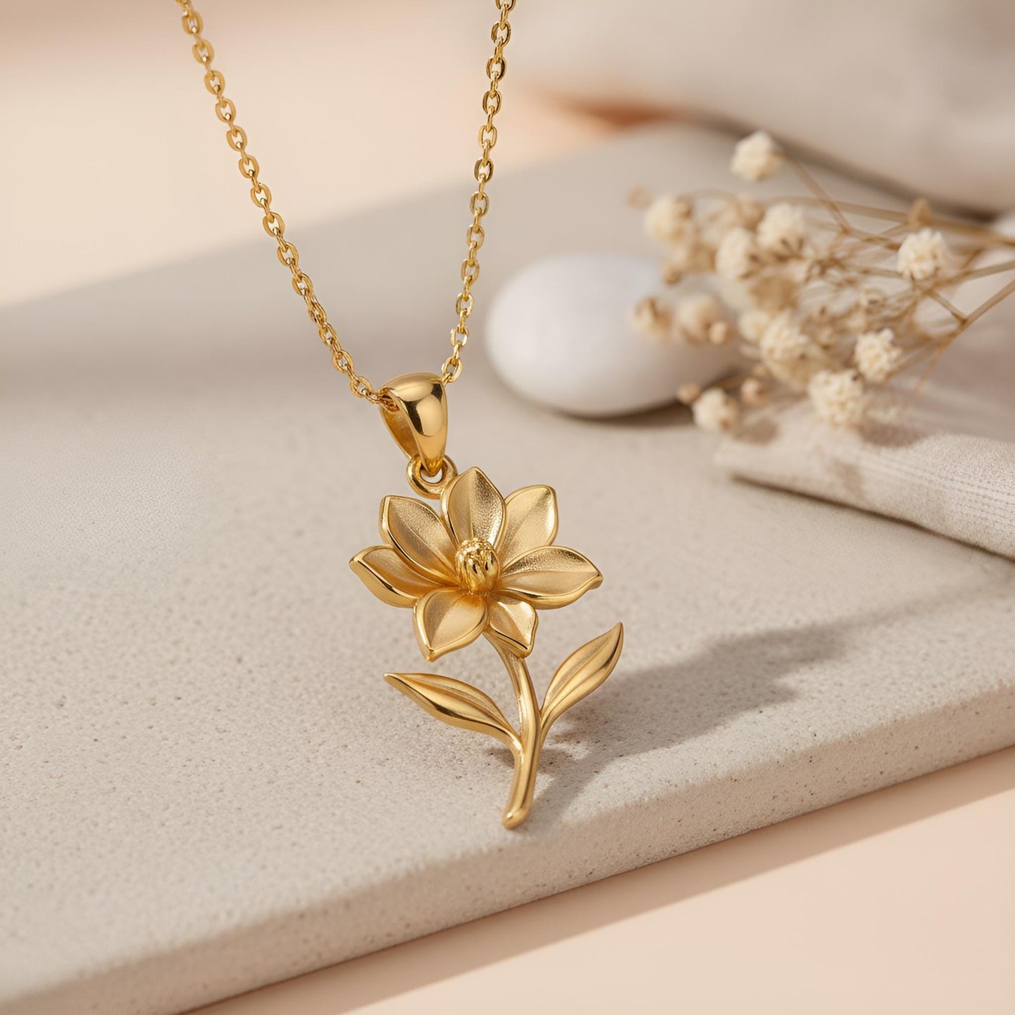 Magnolia Flower Pendant Necklace | 18K Gold Plated 925 Silver Jewelry | Minimal Botanical Design | April Birth Flower Gift