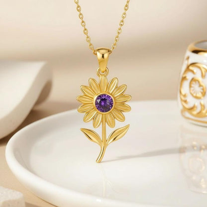 Sunflower Birthstone Pendant Necklace | 925 Sterling Silver | Floral Birth Flower Symbolism | Personalized Birthstone Gift