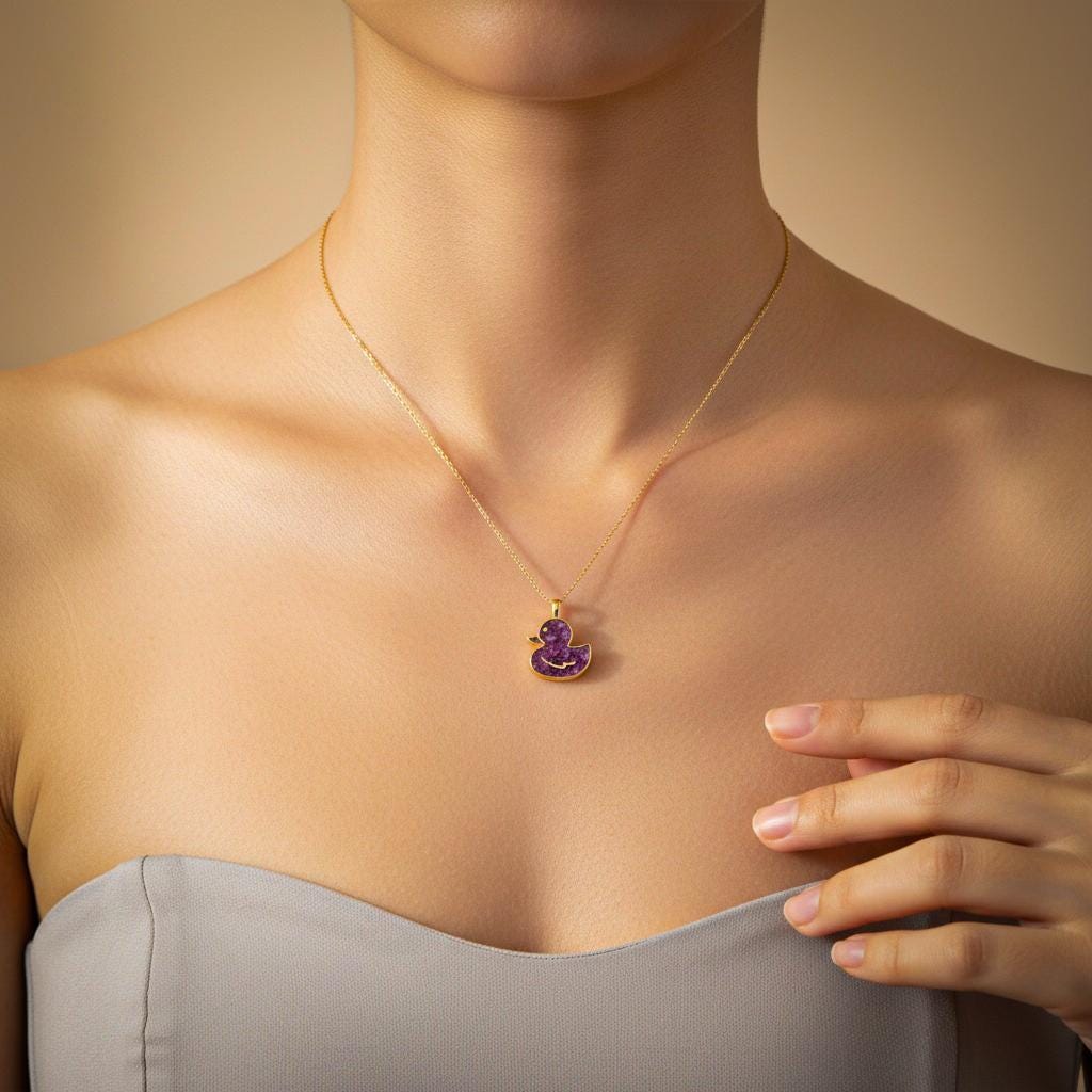 Amethyst Duck Pendant Necklace | 14K Gold Plated Sterling Silver Jewelry | Gemstone Animal Design | Handmade Gift for Women