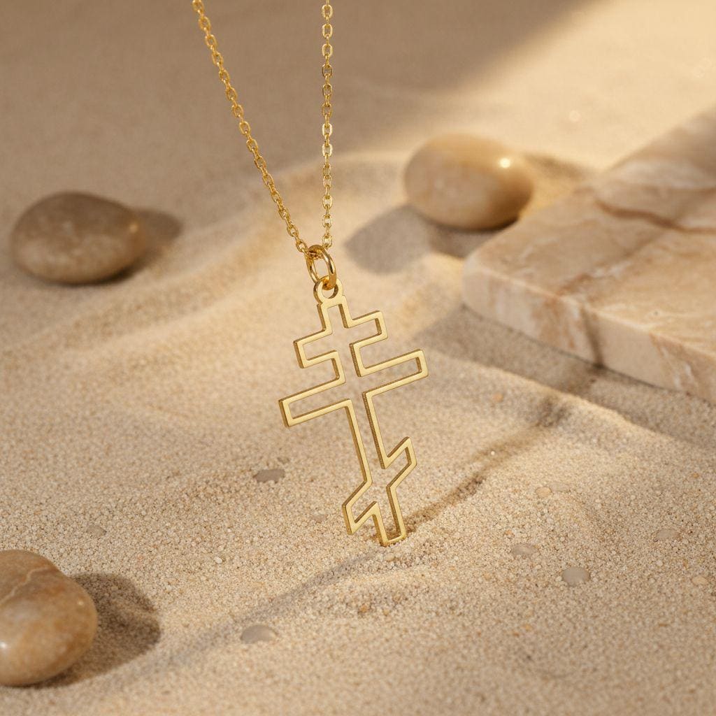 Gold Orthodox Cross Necklace | 925 Sterling Silver | Sideways Minimalist Christian Style | Meaningful Faith Gift