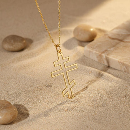 Gold Orthodox Cross Necklace | 925 Sterling Silver | Sideways Minimalist Christian Style | Meaningful Faith Gift