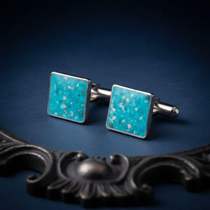 Handmade Turquoise Cufflinks | 925 Sterling Silver Mens Jewelry | Minimalist Nature Inspired Style | Anniversary and Groom Gift