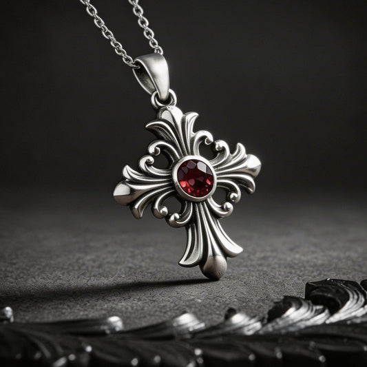 Front view of Birthstone Cross Necklace | 925 Sterling Silver | Gothic Baroque Faith Jewelry | Meaningful Spiritual Gift in 925 sterling silver