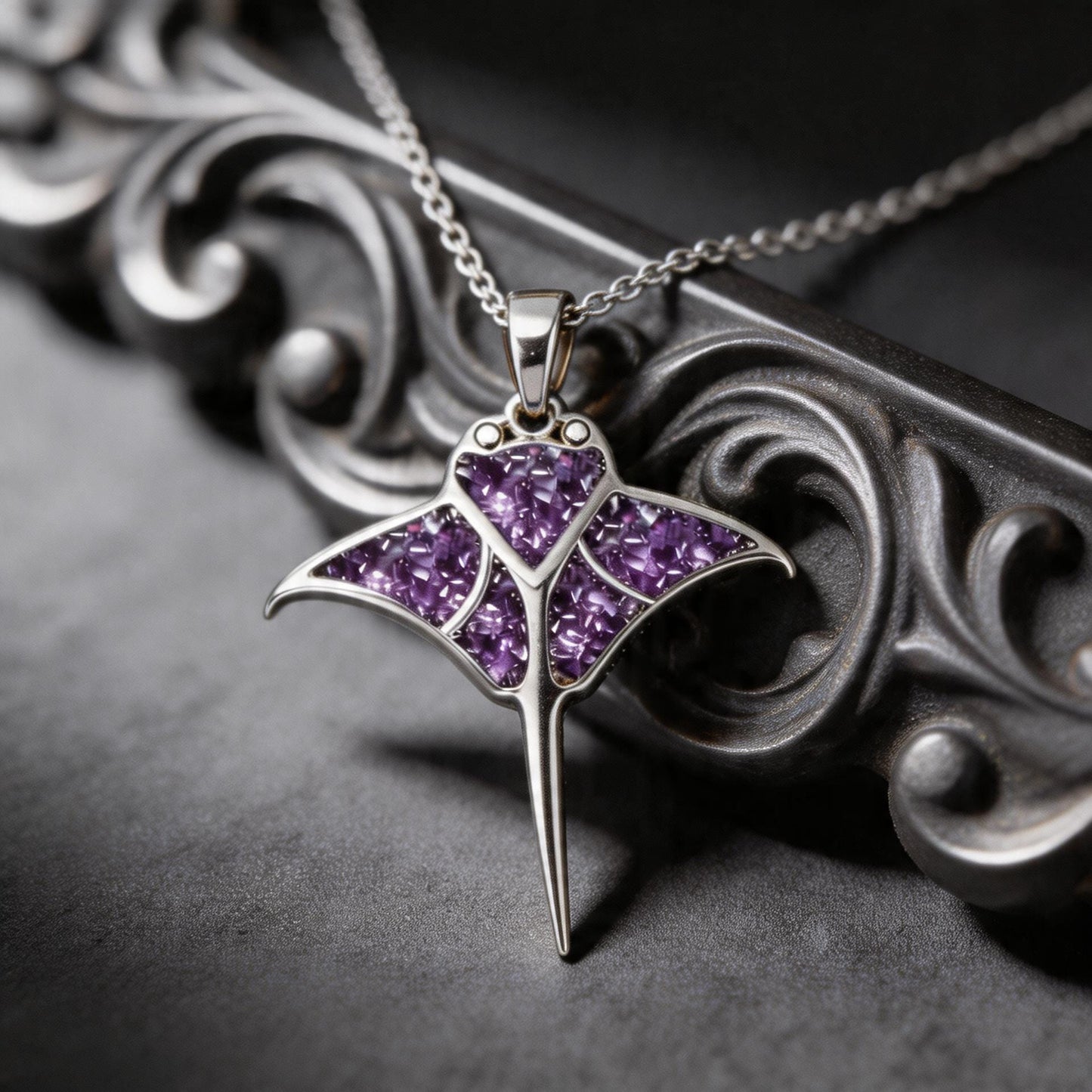 Amethyst Manta Ray Necklace | 925 Sterling Silver Marine Pendant | Natural Gemstone Ocean Jewelry | Birthday Gift