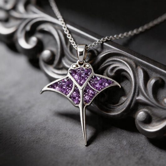 Amethyst Manta Ray Necklace | 925 Sterling Silver Marine Pendant | Natural Gemstone Ocean Jewelry | Birthday Gift