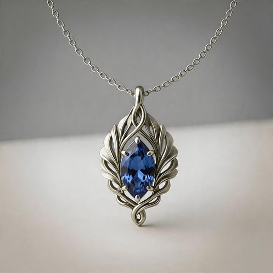 Sapphire Leaf Necklace | 925 Sterling Silver Elegant Pendant | Minimal Nature Inspired Jewelry | Birthday Gift for Her