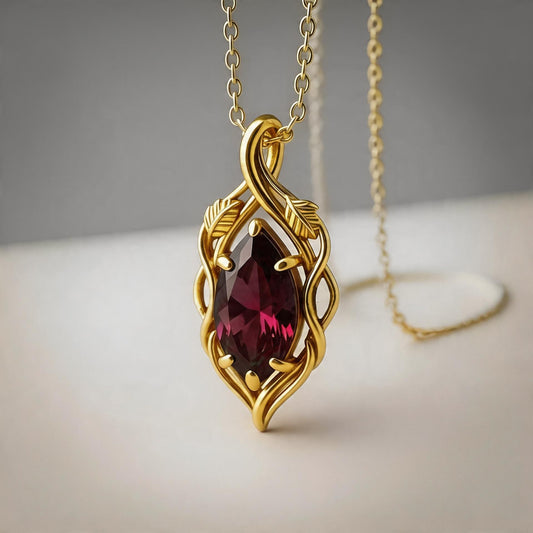 Garnet Leaf Necklace | 925 Sterling Silver Gold Plated Pendant | Nature Inspired Elegant Jewelry | Romantic Gift for Her
