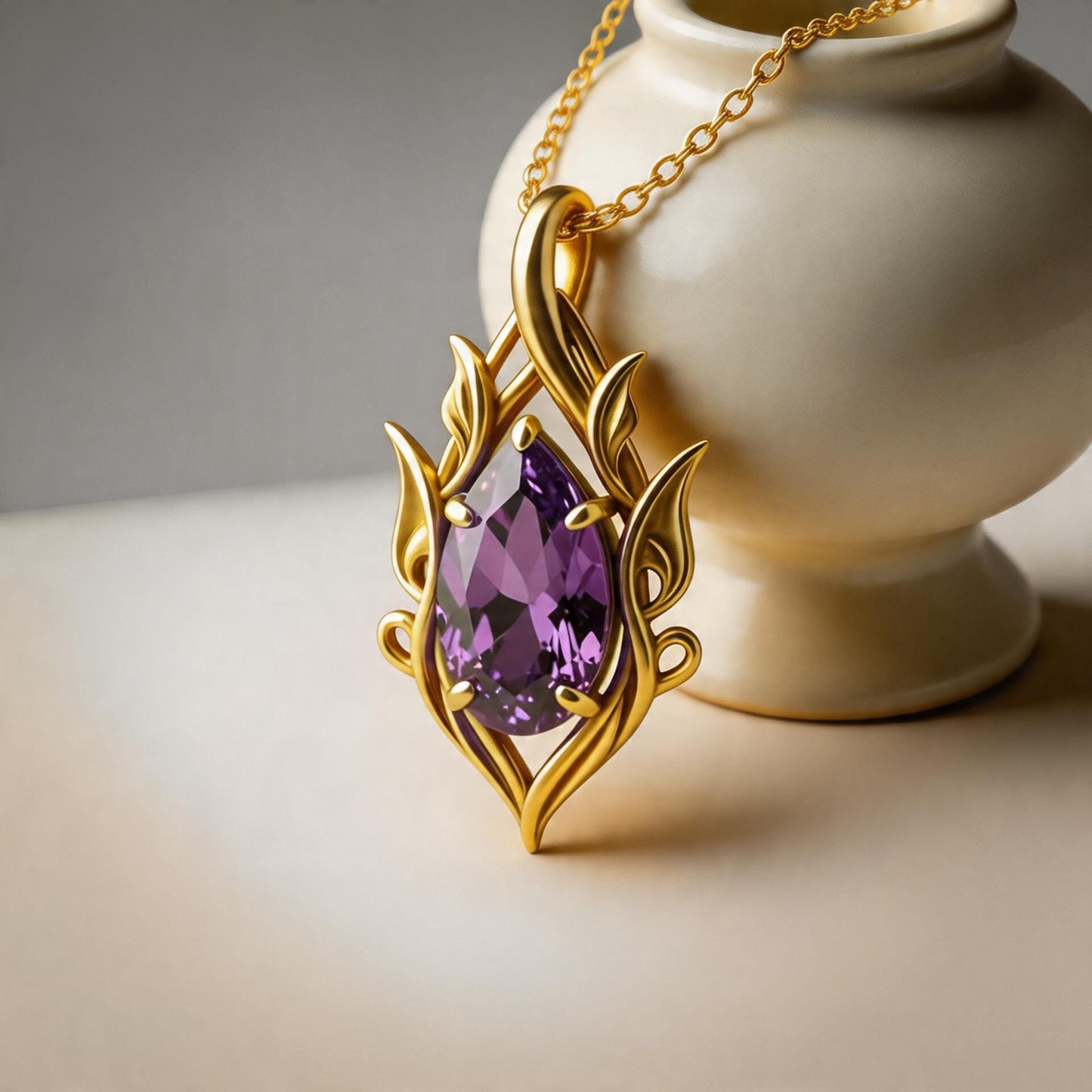 Pear Cut Amethyst Necklace | 925 Sterling Silver Gold Plated Pendant | Gothic Fantasy Statement Jewelry | Anniversary Gift for Her
