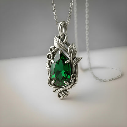 Emerald Teardrop Necklace | Gold Plated Sterling Silver Pendant | Gothic Romantic Vintage Fantasy Jewelry | Anniversary Gift for Her
